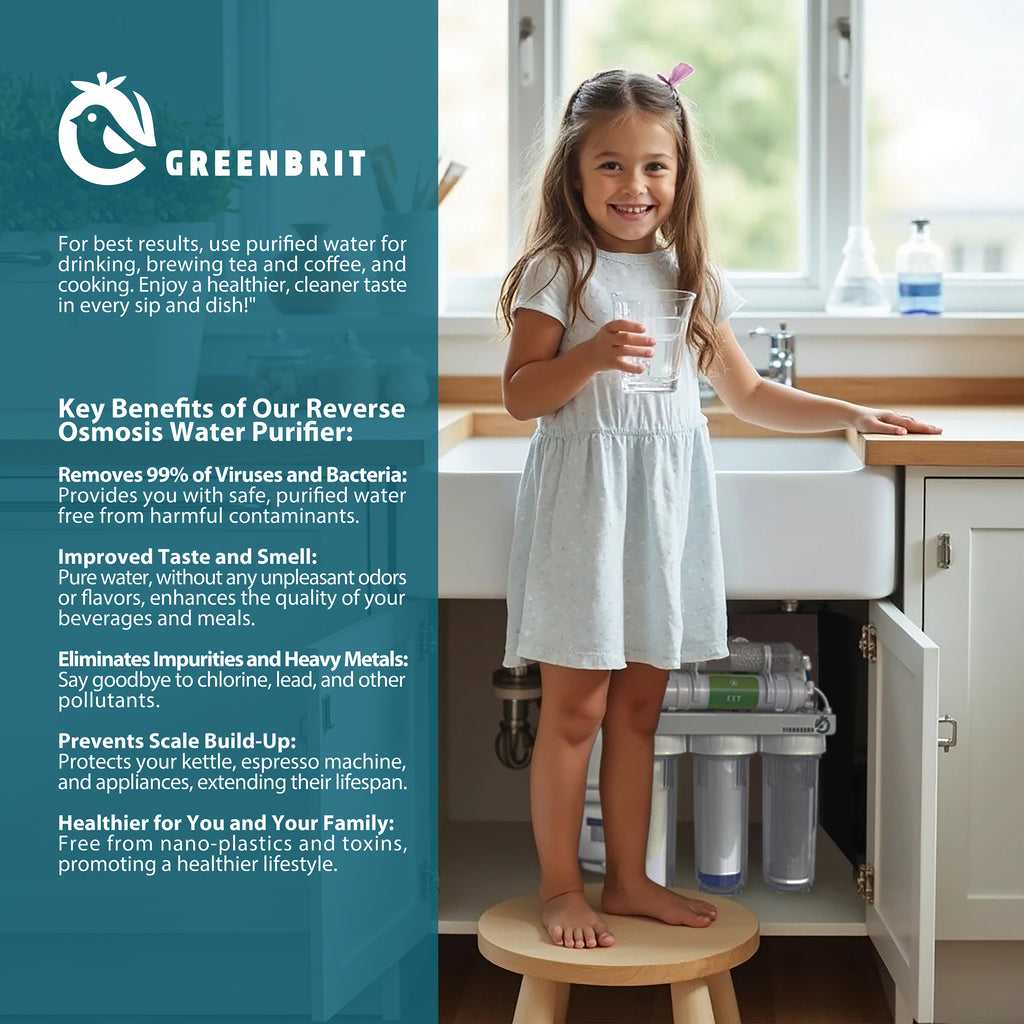 GreenBrit 6-Stage Reverse Osmosis Under-Sink Drinking Water Purifier + Free TDS Meter. [ RO Water Purification System ]