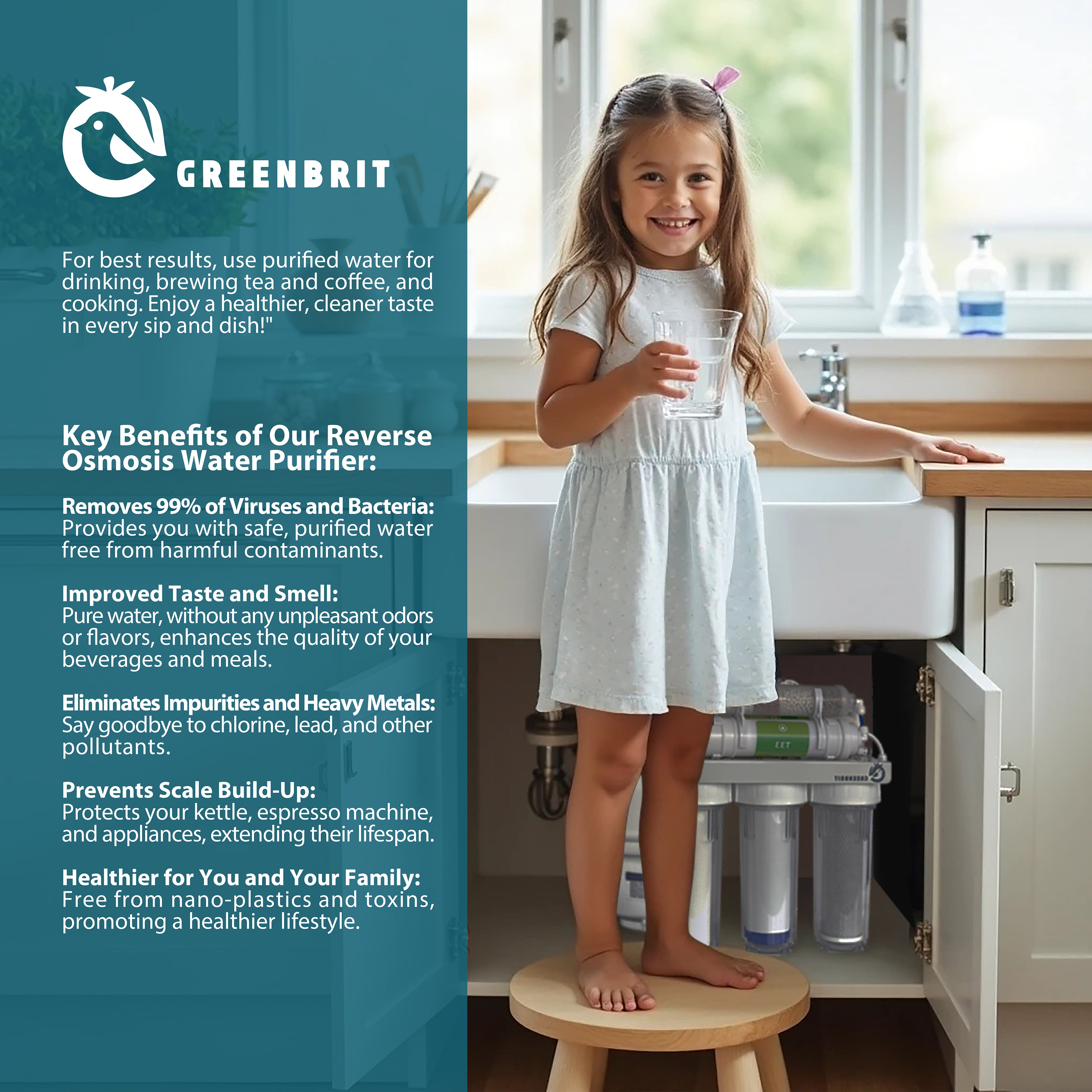 GreenBrit 6-Stage Reverse Osmosis Under-Sink Drinking Water Purifier + Free TDS Meter. [ RO Water Purification System ]